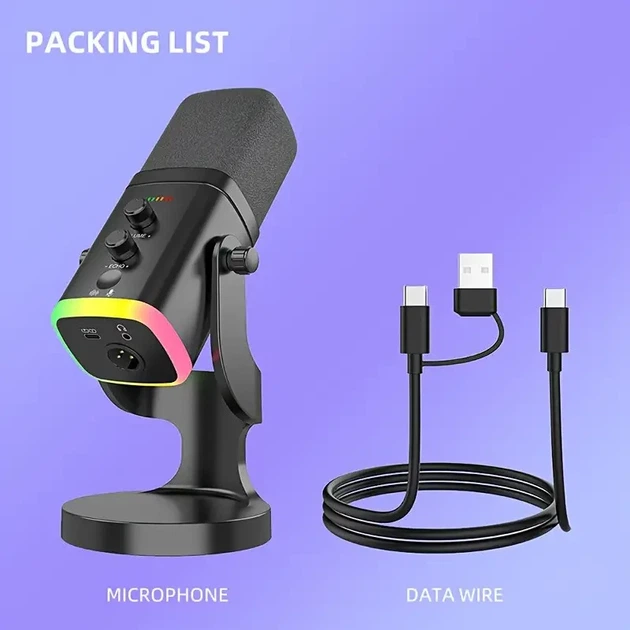 YU8 динамический игровой микрофон для ПК, USB/XLR с шумоподавлением и RGB игровых консолей и смарт-устройств, стриминга - черный - изображение 5