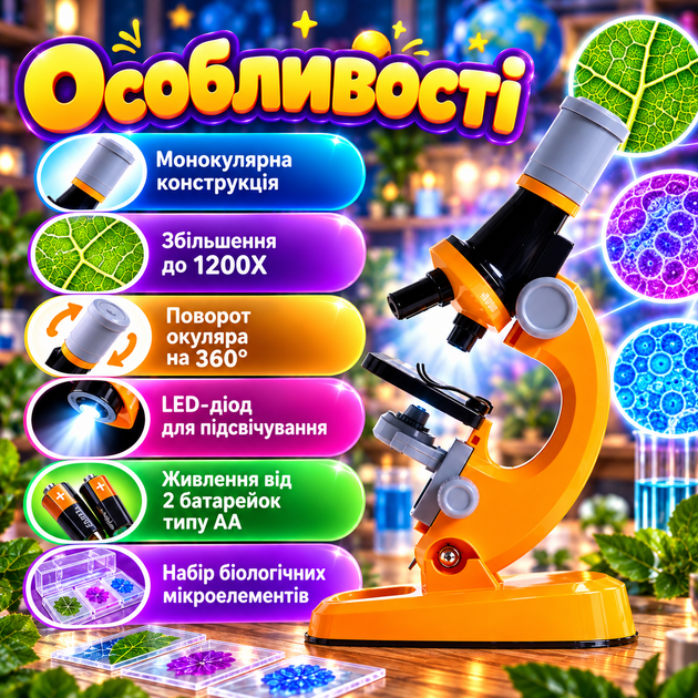 Детский микроскоп OEM 1013A-1 100X 400X 1200X с LED-подсветкой Набор юного исследователя с биологическими образцами предметными стеклами пробирками и пинцетом - изображение 3