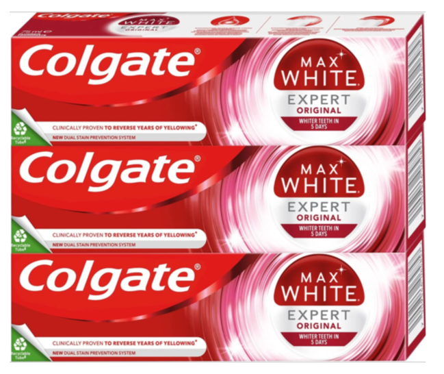 Zestaw past do zębów Colgate Max White Expert Original z fluorem 3 x 75 ml (8590232000739) - Zdjęcie 1 Zestaw past do zębów Colgate Max White Expert Original z fluorem 3 x 75 ml (8590232000739) - obraz 1