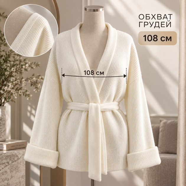 Короткий вязаный кардиган молочного цвета размер 48–52, ангора - Фото 2 Короткий вязаный кардиган молочного цвета размер 48–52, ангора - изображение 2