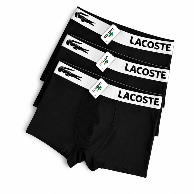 Мужские боксеры Lacoste набор 3 шт черные с широкой белой резинкой размер ХL (LC01-3-01) - изображение 7