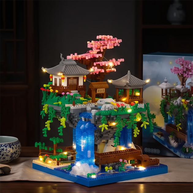 Конструктор Китайский городок с водопадом и сакурой 1442 деталей, блочный 3D конструктор с LED подсветкой для детей и взрослых - изображение 9