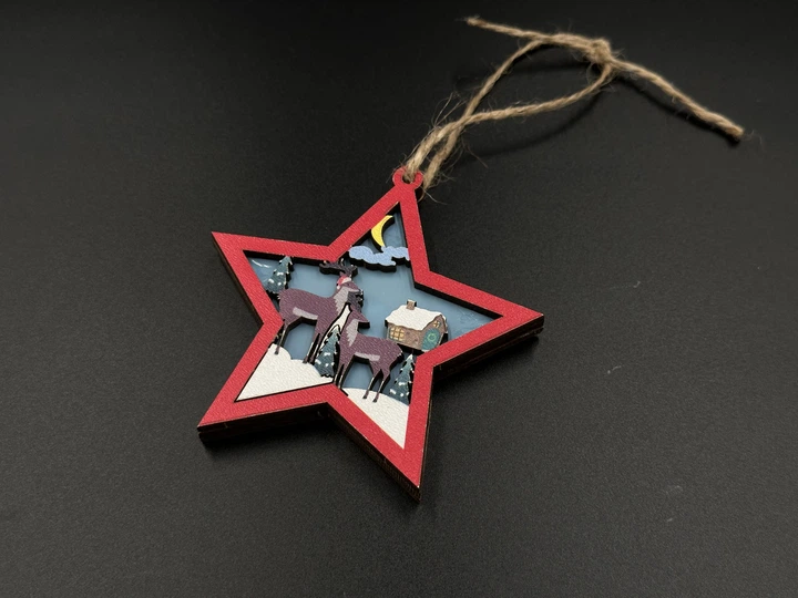 Елочная новогодняя игрушка Звезда с оленями с подсветкой из фанеры 90 х 80 х 10 мм Разноцветный (NR-124) - Фото 1 Елочная новогодняя игрушка Звезда с оленями с подсветкой из фанеры 90 х 80 х 10 мм Разноцветный (NR-124) - изображение 1