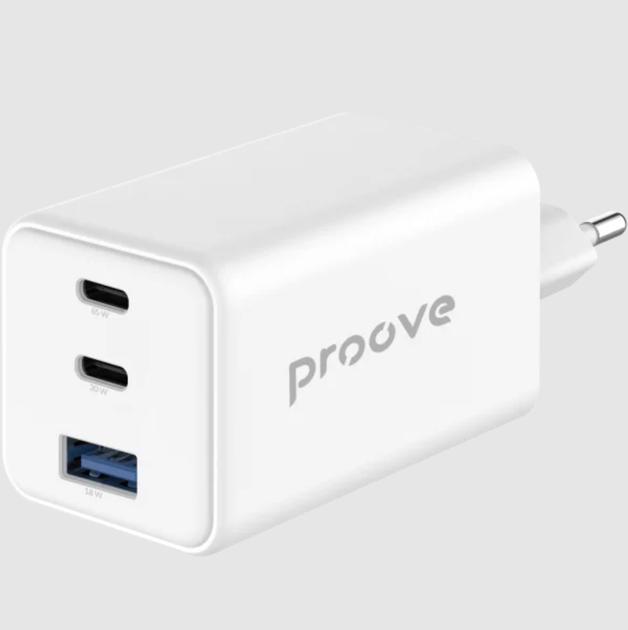 Сетевое зарядное устройство Proove Pocket GaN 65W QC4.0 PD3.0 2×USB Type-C + USB-A для ноутбука, смартфона и планшета, белое - Фото 1 Сетевое зарядное устройство Proove Pocket GaN 65W QC4.0 PD3.0 2×USB Type-C + USB-A для ноутбука, смартфона и планшета, белое - изображение 1