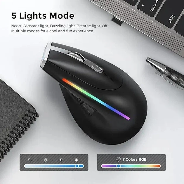 Вертикальная беспроводная мышь ECHTPower F36, 2400 dpi, 7 кнопок, регулировка RGB, 2.4G+Bluetooth+кабель - изображение 3