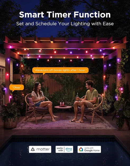 Уличная гирлянда Govee S14 Bulb 15 м RGBICWW, 15 LED ламп, IP66, 100+ сцен, Wi-Fi, Matter, Alexa, Google Home - изображение 4