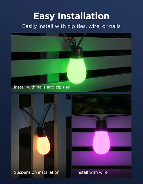 Уличная гирлянда Govee S14 Bulb 15 м RGBICWW, 15 LED ламп, IP66, 100+ сцен, Wi-Fi, Matter, Alexa, Google Home - изображение 8