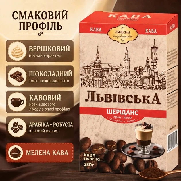 Кофе молотый 250 г CaffeeFan Львовский Шериданс арабика робуста со сливочными шоколадными нотками ароматом кофейного ликера насыщенный десертный ароматизированный для заваривания дома кофейного перерыва - изображение 4