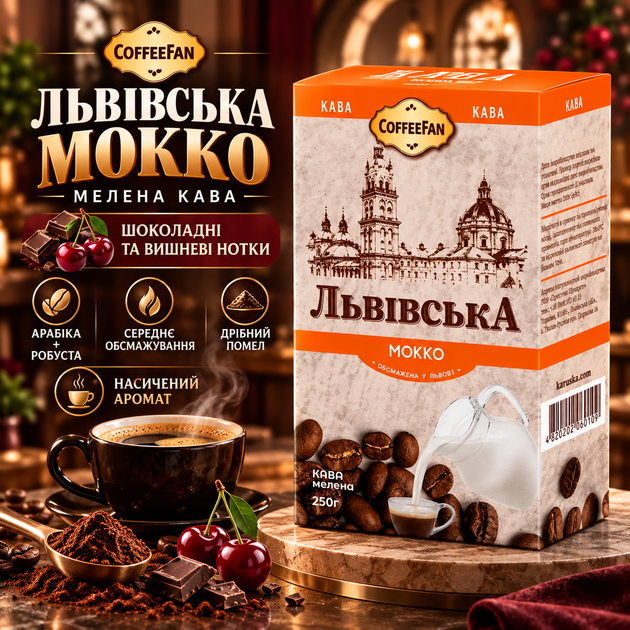 Кофе молотый 250 г CaffeeFan Львовский Мокко арабика робуста мелкого помола средней обжарки с шоколадно вишневыми нотками в вакуумной упаковке для турки гейзерной капельной кофеварки френч пресса чашки - Фото 1 Кофе молотый 250 г CaffeeFan Львовский Мокко арабика робуста мелкого помола средней обжарки с шоколадно вишневыми нотками в вакуумной упаковке для турки гейзерной капельной кофеварки френч пресса чашки - изображение 1