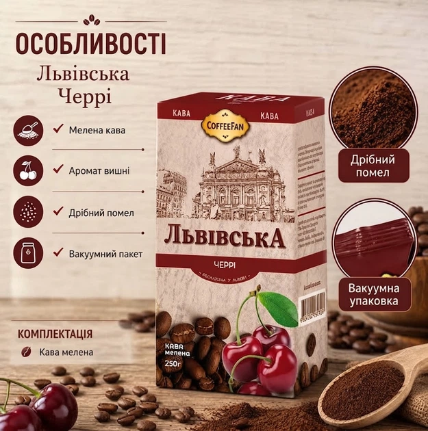 Кофе молотый 250 г Львовский Черри робуста с ароматом вишни мелкого помола средней обжарки крепкий ароматизированный низкой кислотности в вакуумной упаковке для чашки френч пресса - Фото 4 Кофе молотый 250 г Львовский Черри робуста с ароматом вишни мелкого помола средней обжарки крепкий ароматизированный низкой кислотности в вакуумной упаковке для чашки френч пресса - изображение 4