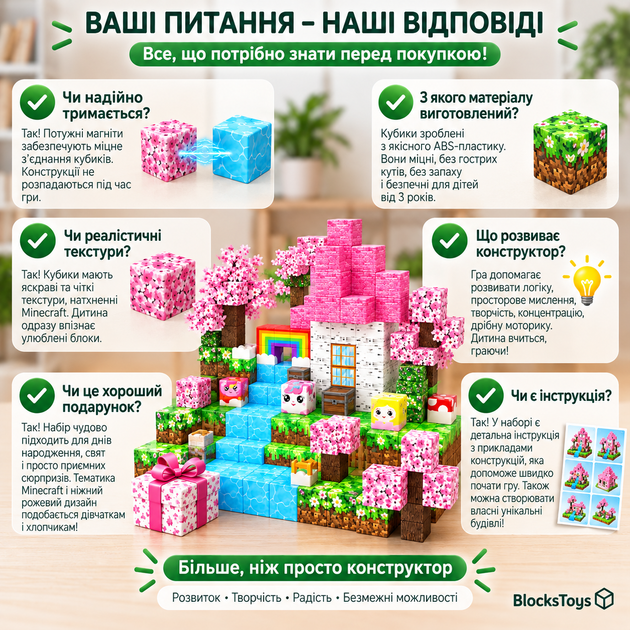 Магнитный конструктор Minecraft Розовый домик с сакурой 100 деталей для детей от 3 лет - изображение 8
