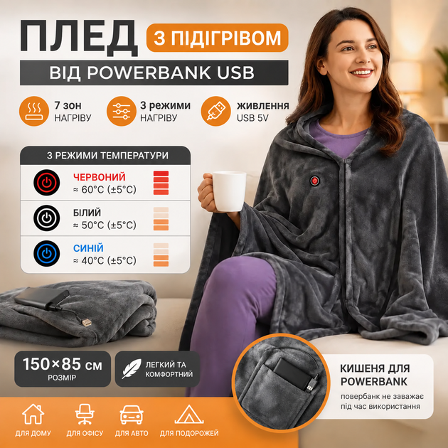 Плед пончо с подогревом от PowerBank USB 150×85 см, флисовый электроплед 3 режима, 7 зон нагрева - Фото 8 Плед пончо с подогревом от PowerBank USB 150×85 см, флисовый электроплед 3 режима, 7 зон нагрева - изображение 8