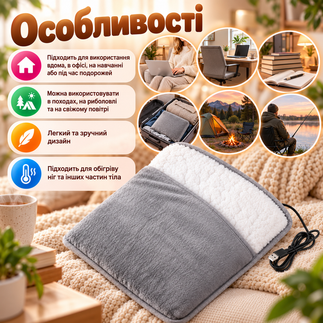 Електрична грілка для рук і ніг USB 5V 50–60°C 29×29 см з вуглецевим нагрівальним елементом Сіра фланелева термогрілка для тіла - Фото 3 Електрична грілка для рук і ніг USB 5V 50–60°C 29×29 см з вуглецевим нагрівальним елементом Сіра фланелева термогрілка для тіла - зображення 3