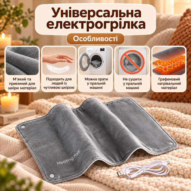 Універсальна електрогрілка Heating Pad Type-C 10 Вт 55°C графенова 28,5×44,5 см USB Грілка для спини плечей живота ніг м’яка плюшева - зображення 4