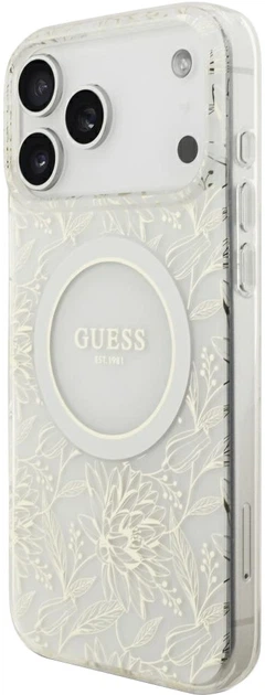 Etui na smartfon Guess IML Flowers Allover Electroplated with Pearl Strap MagSafe do Apple iPhone 18 Pro Max / Apple iPhone 17 Pro Max Białe (3666339673468) - obraz 3