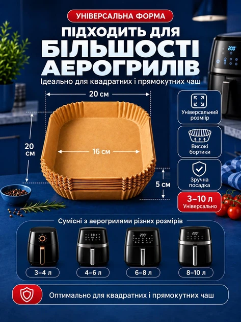 Паперові форми-вкладиші для аерогриля дно 16 см, 100 шт., термостійкий антипригарний пергамент для Air Fryer фритюрниці мультипечі для випічки - зображення 2