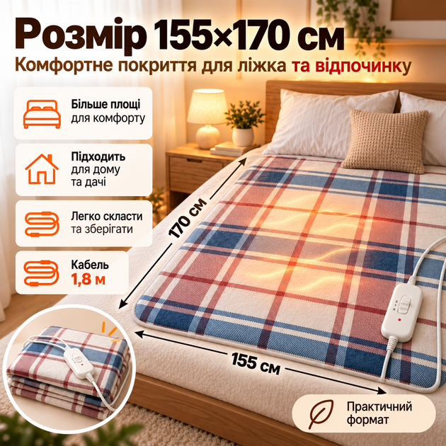 Простирадло з підігрівом електричне 155×170 см, двоспальне, 2 режими нагріву, HOME TEXTILE - изображение 4