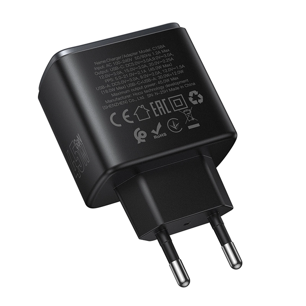 Мережевий зарядний пристрій HOCO C158A Upgrade PD45W(1C1A) charger(EU) Black - изображение 5