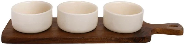 Набор фарфоровых пиал 3х100 мл на деревянной подставке Natural Serving кремовый - Фото 1 Набор фарфоровых пиал 3х100 мл на деревянной подставке Natural Serving кремовый - изображение 1