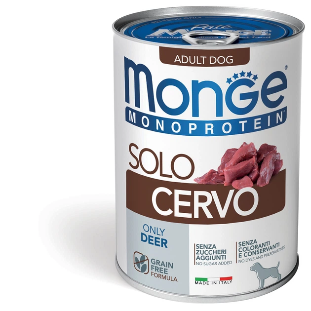 Консервированный корм Monge Monoprotein Dog Solo Only Deer – монопротеиновый паштет с олениной для собак 400 г (70014663) - Фото 1 Консервированный корм Monge Monoprotein Dog Solo Only Deer – монопротеиновый паштет с олениной для собак 400 г (70014663) - изображение 1