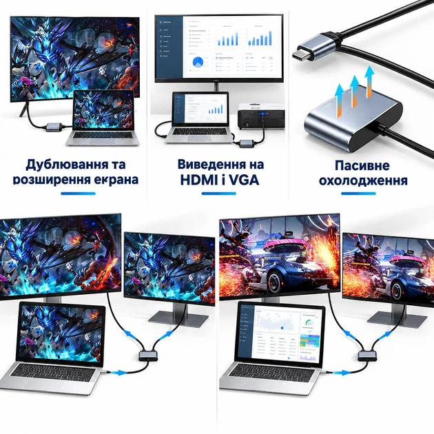 Адаптер Type-C - HDMI + VGA Stone 2 в 1 4K 30Hz для ноутбука (ST-H02) - Фото 5 Адаптер Type-C - HDMI + VGA Stone 2 в 1 4K 30Hz для ноутбука (ST-H02) - изображение 5