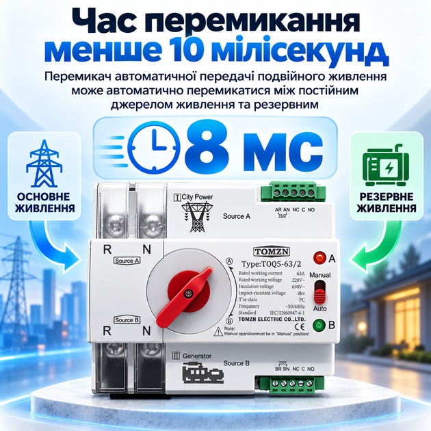 Автоматичний перемикач введення резерву TOMZEN TOQ5-63/2 63A 2P (АВР) 1-фаза - зображення 5