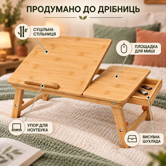 Столик для ноутбука UFT Home Zen 27 15,6 диагональ екологический бамбук регулировка высоты и наклона - изображение 3