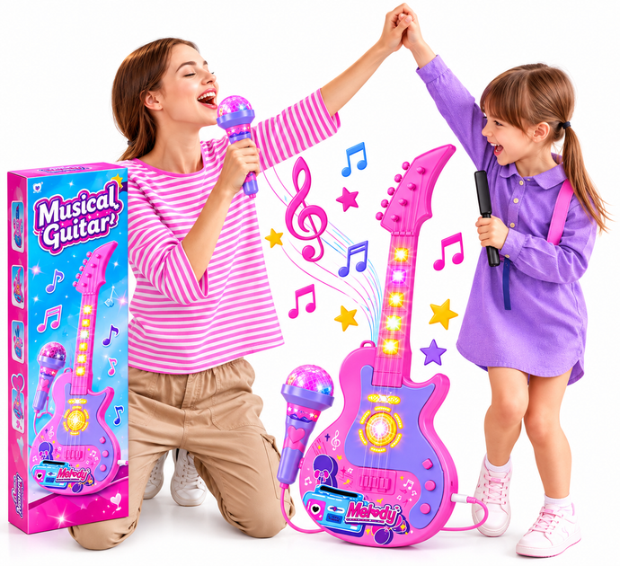 Детская гитара с микрофоном Musical Guitar световые эффекты музыка сенсорные кнопки подключения телефона - изображение 4