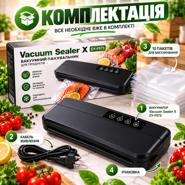 Вакууматор для продуктів Vacuum Sealer 110 Вт 60 кПа вакуумний пакувальник для сухих і вологих продуктів із пакетами - изображение 5