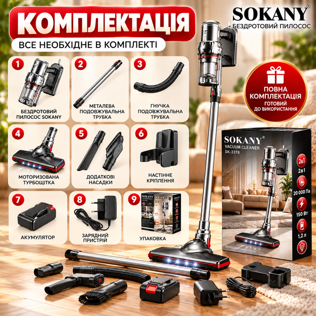 Акумуляторний пилосос Sokany 2000 Вт 20 000 Па бездротовий вертикальний ручний 2в1 з турбощіткою для сухого прибирання - изображение 4