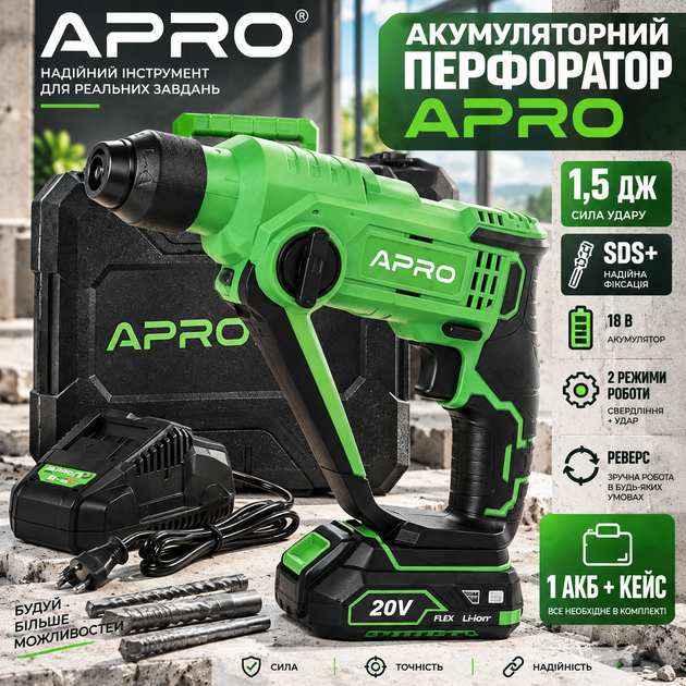 Перфоратор APRO аккумуляторный 18 В SDS+ 1,5 Дж ударный беспроводной инструмент 4500 уд/мин с реверсом регулировкой скорости 1 АКБ зарядкой кейсом для бетона кирпича камня - Фото 1 Перфоратор APRO аккумуляторный 18 В SDS+ 1,5 Дж ударный беспроводной инструмент 4500 уд/мин с реверсом регулировкой скорости 1 АКБ зарядкой кейсом для бетона кирпича камня - изображение 1