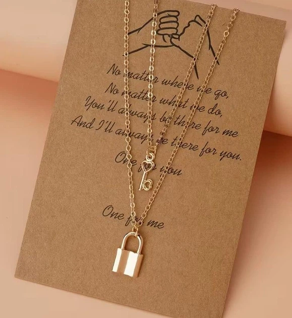 Парні кулони замок і ключ для закоханих золотисті підвіски friendship necklace - Фото 3 Парні кулони замок і ключ для закоханих золотисті підвіски friendship necklace - зображення 3