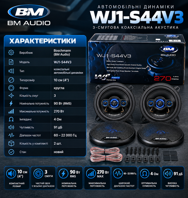Автомобильные динамики Boschmann WJ1-S44V3 10 см, 3-полосные, 90 Вт RMS, 270 Вт - Фото 7 Автомобильные динамики Boschmann WJ1-S44V3 10 см, 3-полосные, 90 Вт RMS, 270 Вт - изображение 7