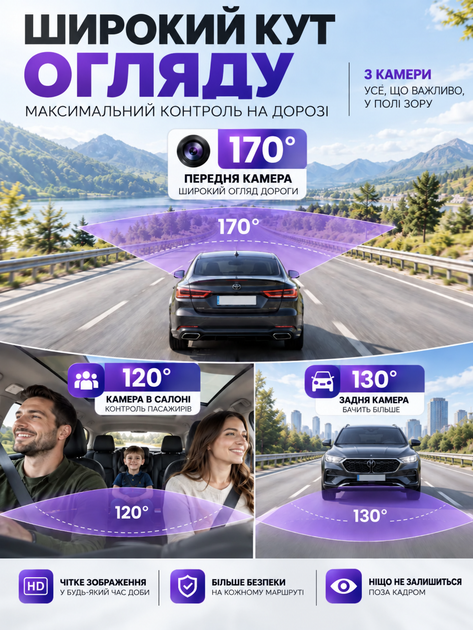 Відеореєстратор автомобільний 3 камери Full HD 1080P з передньою задньою та салонною камерою підсвічуванням дисплеєм підтримкою карт пам’яті до 32 ГБ - зображення 2