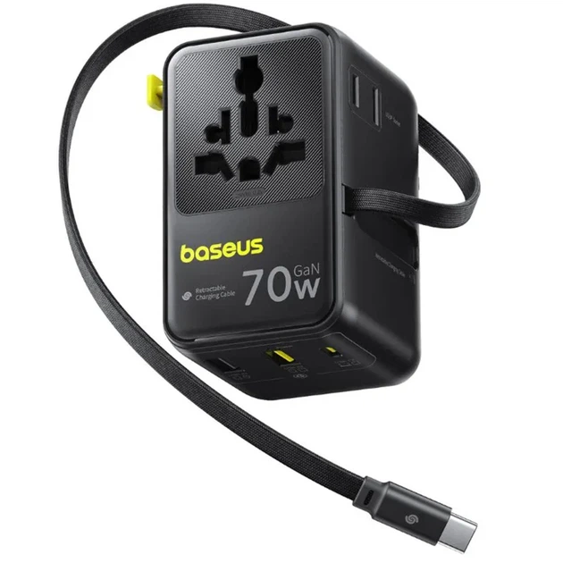 Мережевий перехідник Baseus CG11 75W із висувним кабелем 2USB-A/3xType-C/1 розетка чорний - Фото 1 Мережевий перехідник Baseus CG11 75W із висувним кабелем 2USB-A/3xType-C/1 розетка чорний - зображення 1