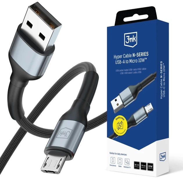 Кабель 3mk Hyper Cable N-SERIES USB-A / MicroUSB 50cm QC 3.0 5V/2A 10W Black (5903108739184) - Фото 1 Кабель 3mk Hyper Cable N-SERIES USB-A / MicroUSB 50cm QC 3.0 5V/2A 10W Black (5903108739184) - изображение 1