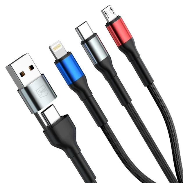 Кабель 3mk Hyper Cable N-SERIES 6 in 1 USB-C / USB-A to USB-C / Lightning / Micro 1.2m QC 3.0 18W Black (5903108685252) - изображение 2
