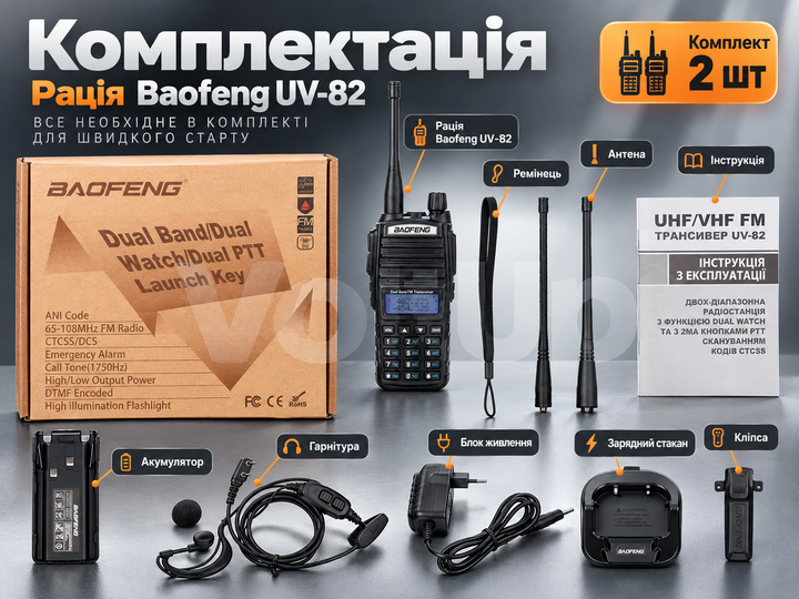Набір 2 шт рацій Baofeng UV-82 дводіапазонних VHF/UHF 136–174/400–520 МГц 5 Вт з гарнітурами Dual PTT - зображення 5