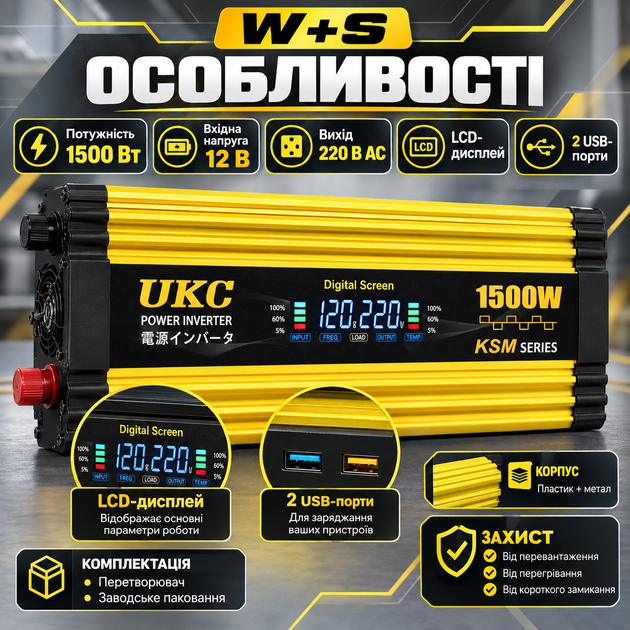 Инвертор для дома W+S 1500 Вт преобразователь напряжения 12 220 В автомобильный Power Inverter с LCD-дисплеем 2 USB для аккумулятора резервного питания - Фото 2 Инвертор для дома W+S 1500 Вт преобразователь напряжения 12 220 В автомобильный Power Inverter с LCD-дисплеем 2 USB для аккумулятора резервного питания - изображение 2