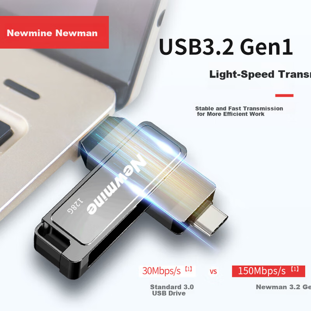 USB-накопитель Newmine NM-R128S 128 ГБ с двойным интерфейсом, разъемом USB Type-C, металлическим корпусом, вращающимся диском, высокой скоростью чтения/записи, подходит для бизнеса, офиса и кабинета. - изображение 5