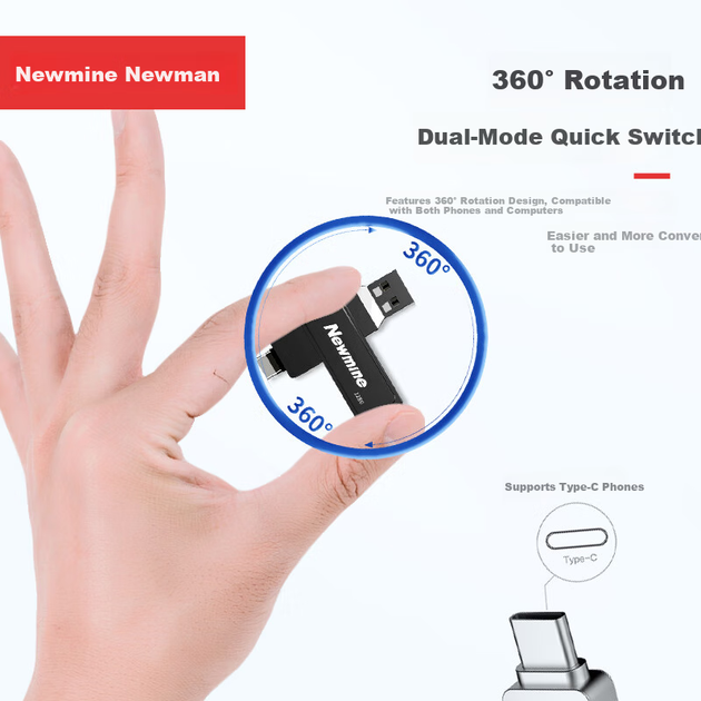 USB-накопитель Newmine NM-R128S 128 ГБ с двойным интерфейсом, разъемом USB Type-C, металлическим корпусом, вращающимся диском, высокой скоростью чтения/записи, подходит для бизнеса, офиса и кабинета. - изображение 7