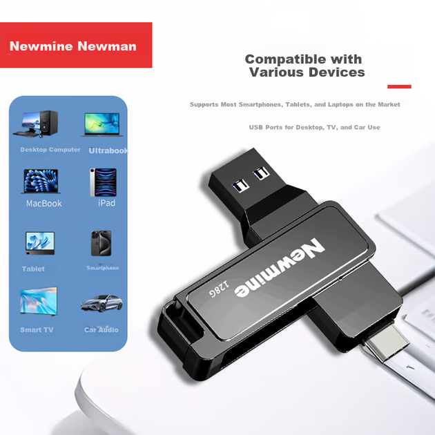 USB-накопитель Newmine NM-R128S 128 ГБ с двойным интерфейсом, разъемом USB Type-C, металлическим корпусом, вращающимся диском, высокой скоростью чтения/записи, подходит для бизнеса, офиса и кабинета. - изображение 8