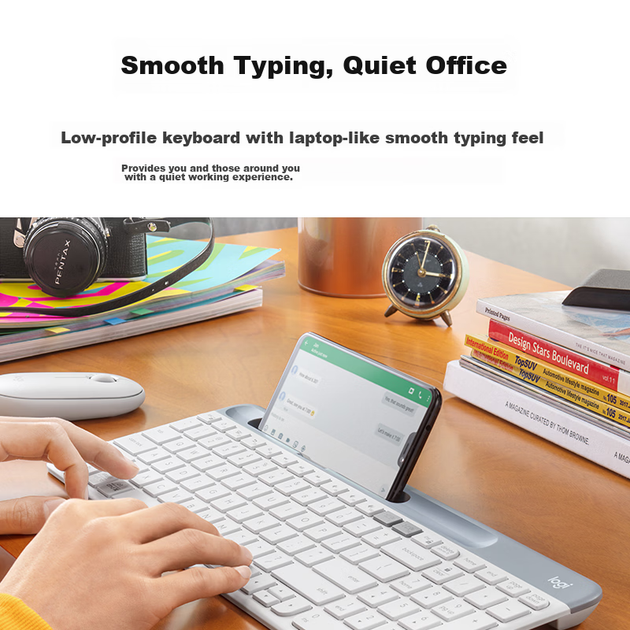 Беспроводная Bluetooth-клавиатура Logitech Stylish Series K580 для офиса, портативная ультратонкая клавиатура для ноутбука и планшета, цвет Starry Gray, 101 клавиша. - изображение 9