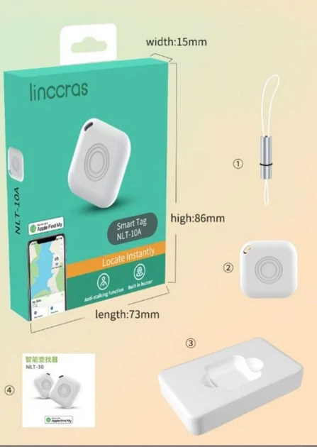 Смарт-трекер Linccras NLT-10A для Apple Find My, Bluetooth мітка з зумером, білий - зображення 2