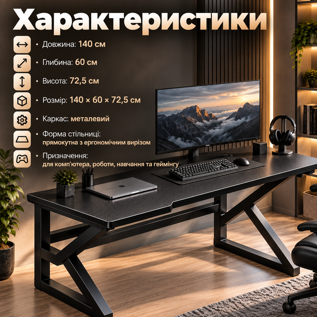Геймерский письменный стол Dash S12 Black 140×60×72,5 см с металлическим каркасом эргономичным вырезом для дома офиса учебы - Фото 3 Геймерский письменный стол Dash S12 Black 140×60×72,5 см с металлическим каркасом эргономичным вырезом для дома офиса учебы - изображение 3