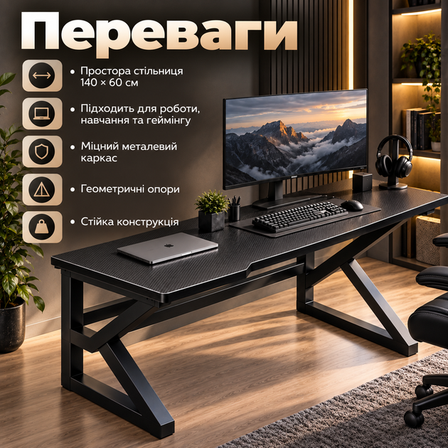 Геймерский письменный стол Dash S12 Black 140×60×72,5 см с металлическим каркасом эргономичным вырезом для дома офиса учебы - Фото 4 Геймерский письменный стол Dash S12 Black 140×60×72,5 см с металлическим каркасом эргономичным вырезом для дома офиса учебы - изображение 4