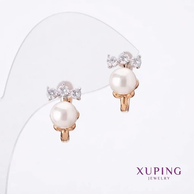 Сережки Xuping з перлами Майорка, 16х10 мм, позолота 18к - Фото 1 Сережки Xuping з перлами Майорка, 16х10 мм, позолота 18к - зображення 1