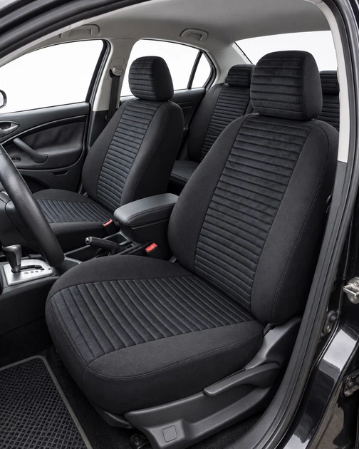 Чехлы на сиденья Toyota Corolla (Тойота Королла), универсальные, ткань + алькантара, полоска, комплект, черные - изображение 5