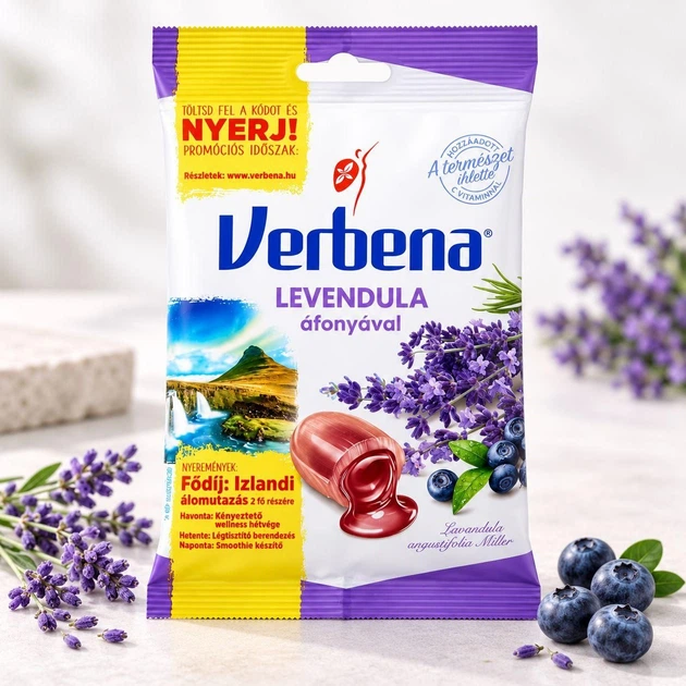 Цукерки Льодяники Verbena Levendula Áfonyával Вербена лаванда та чорниця з вітаміном C і трав’яними екстрактами Пакет 60г - Фото 1 Цукерки Льодяники Verbena Levendula Áfonyával Вербена лаванда та чорниця з вітаміном C і трав’яними екстрактами Пакет 60г - изображение 1