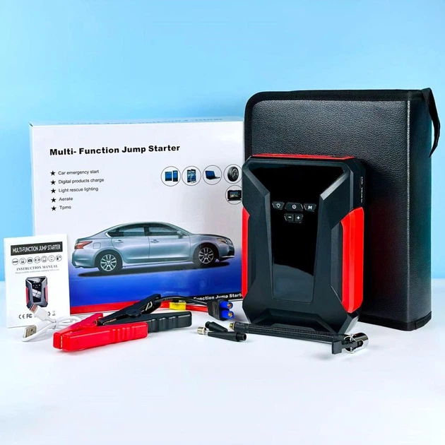 Пускозарядное устройство для авто Бустер J16 39800mah 1800A с функцией Павербанка USB+Type-C и Компрессора, LED фонарик Черно-красный - изображение 11